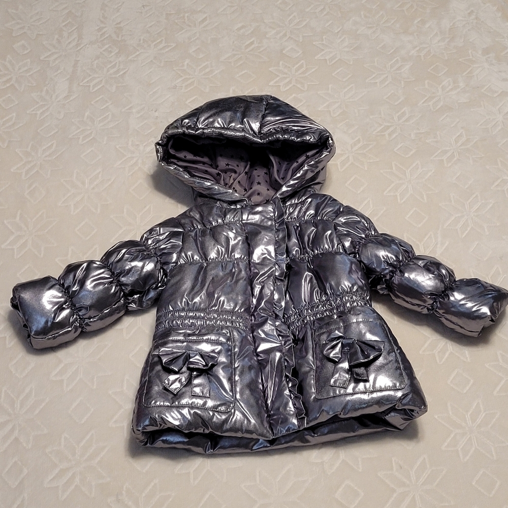 Rothschild Little Girls Hooded Metallic Silver Puffer Jacket With Pockets 12M - Picture 2 of 16
